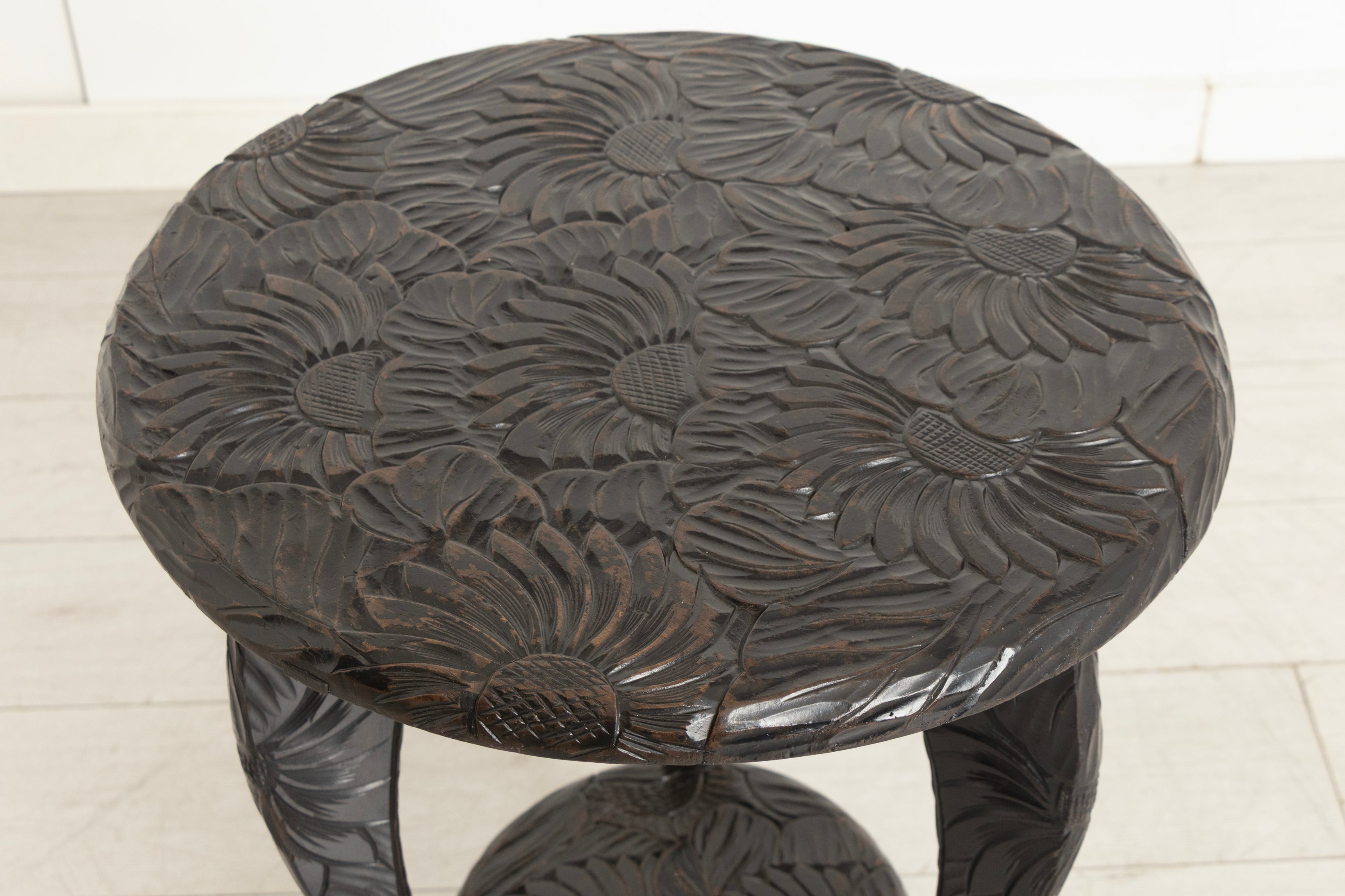 Antique Japanese Two Tier Ebonised & Hand Carved Side Table by Liberty of London c.1920
