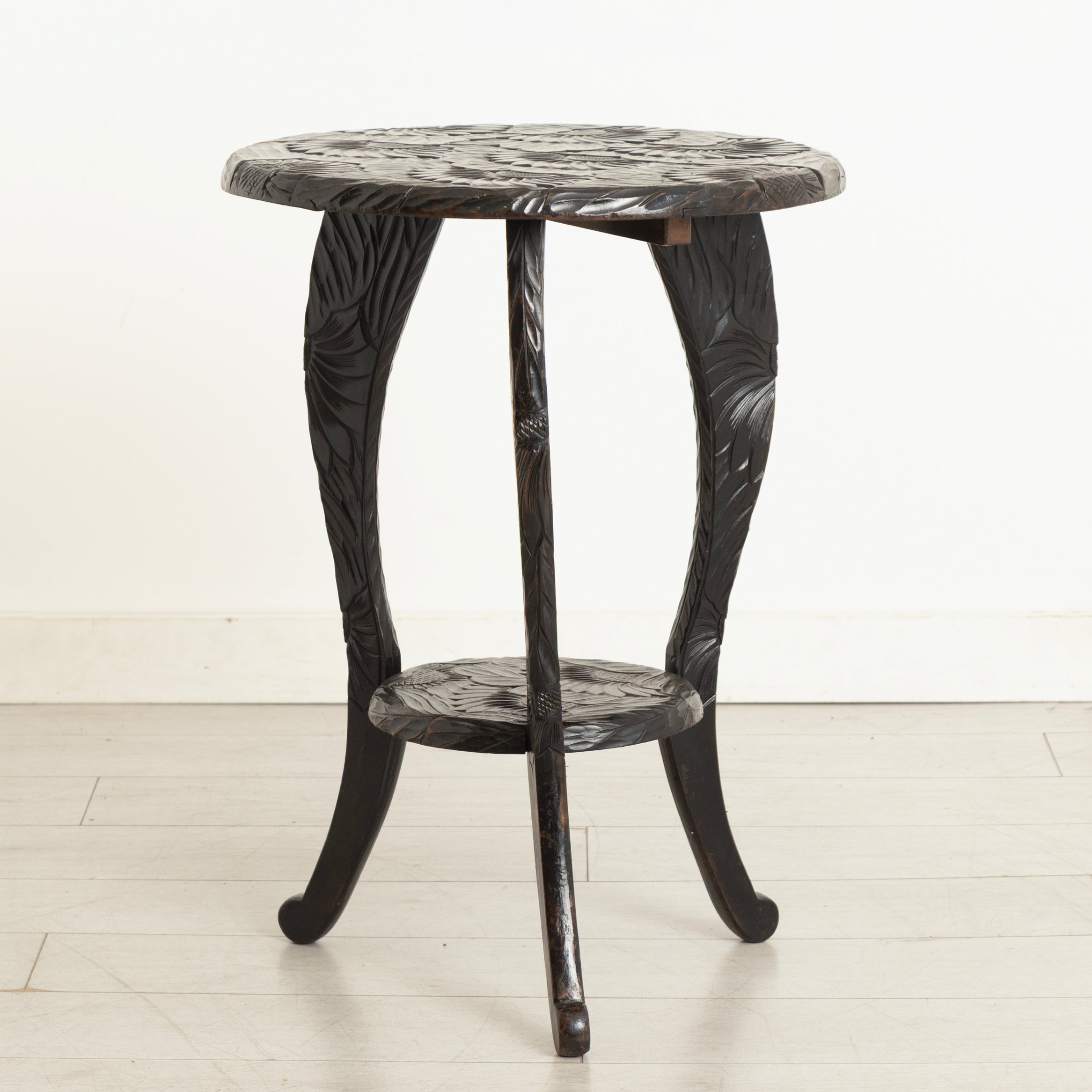 Antique Japanese Two Tier Ebonised & Hand Carved Side Table by Liberty of London c.1920