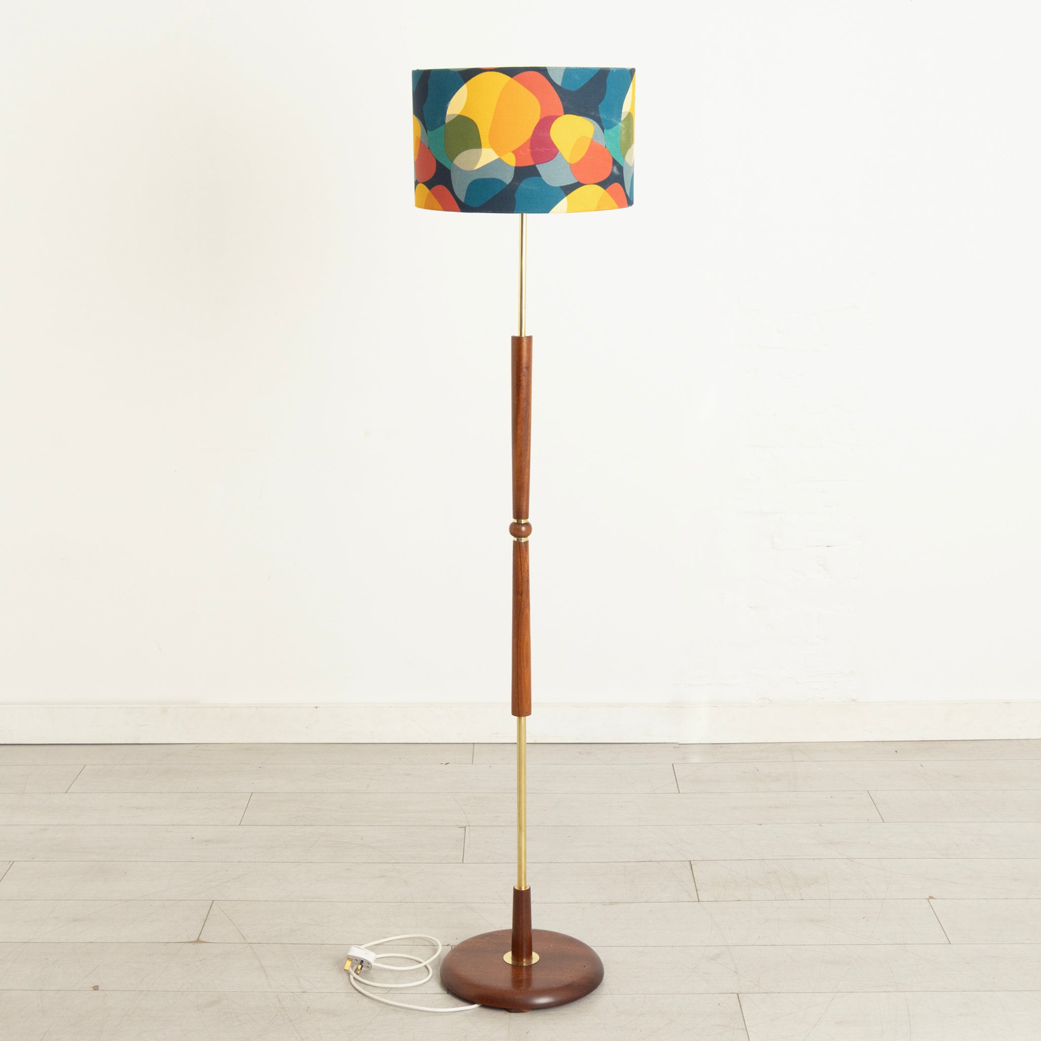 Midcentury Teak & Brass Floor Lamp with Cylinder Shade c.1965