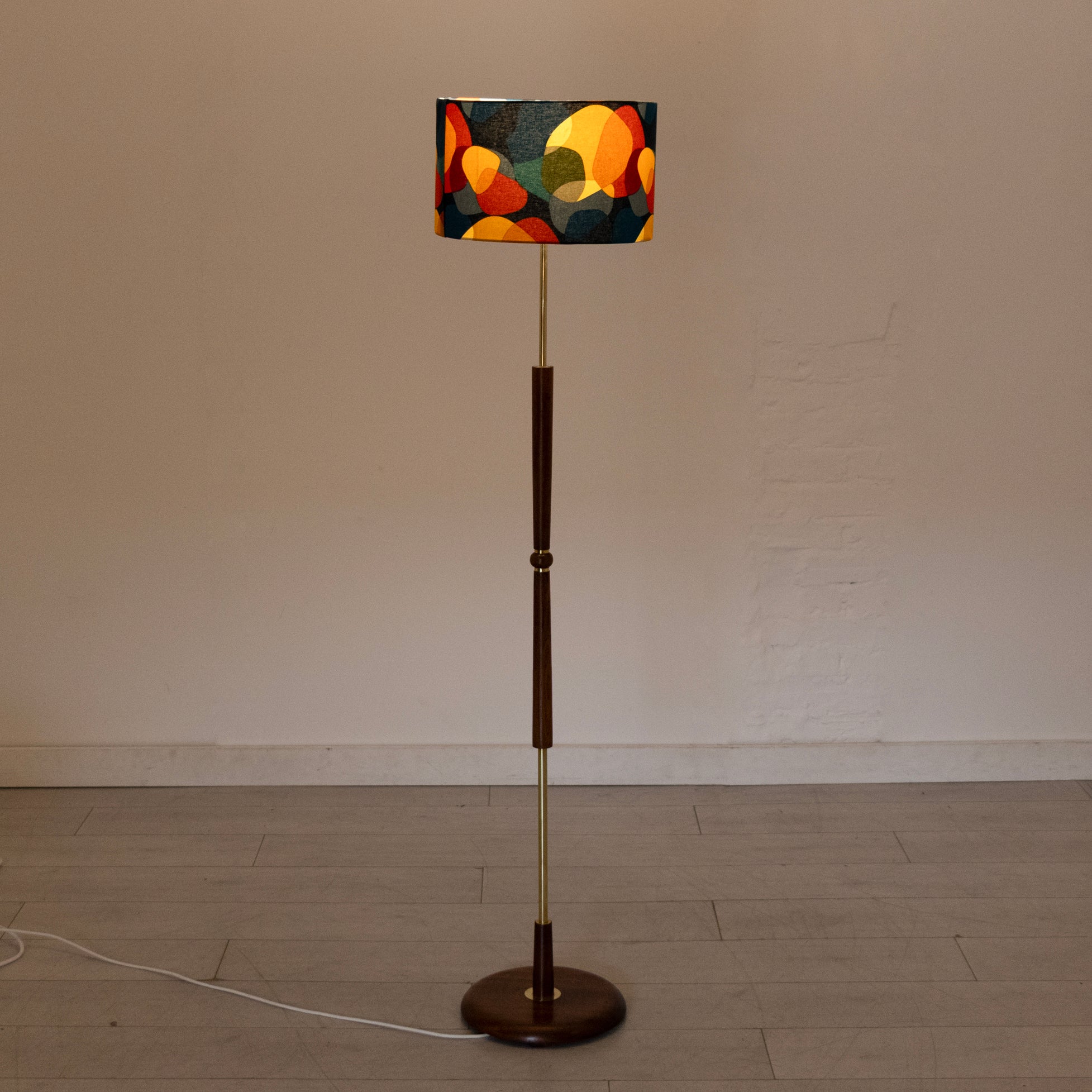 Midcentury Teak & Brass Floor Lamp with Cylinder Shade c.1965