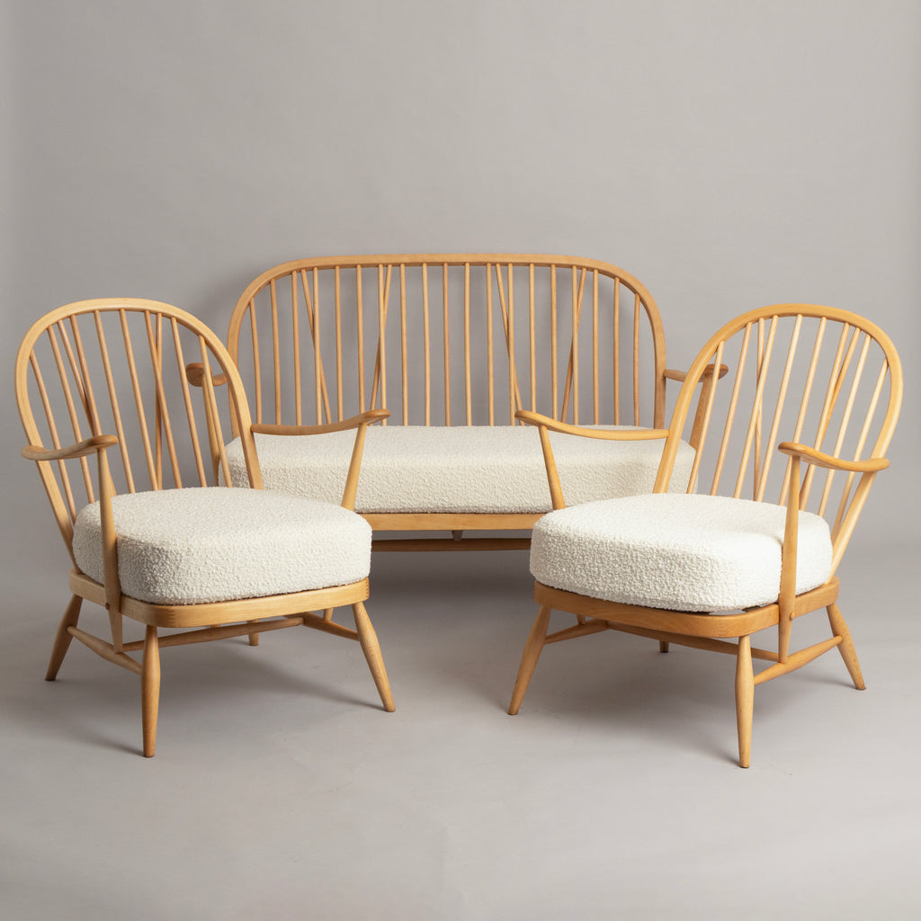 Model 204 Lounge Suite, Sofa & Two Armchairs, in Beech by Ercol c.1965, Newly Reupholstered in Bouclé