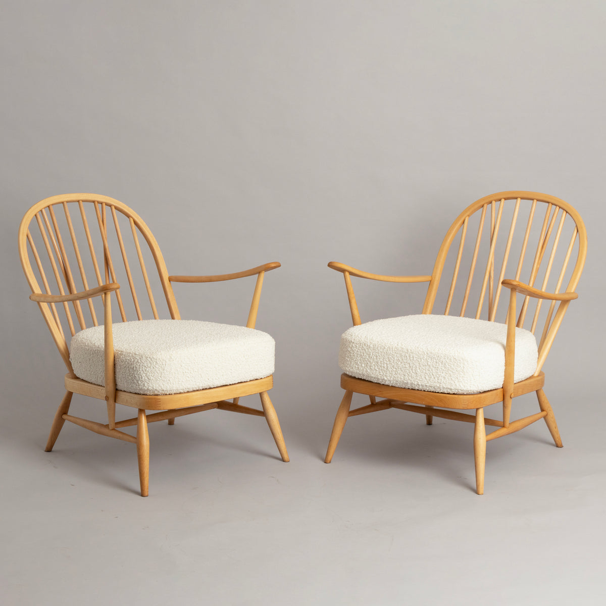 Pair of Midcentury Model 204 Beech Armchairs by Ercol c.1965, Newly Reupholstered in Bouclé