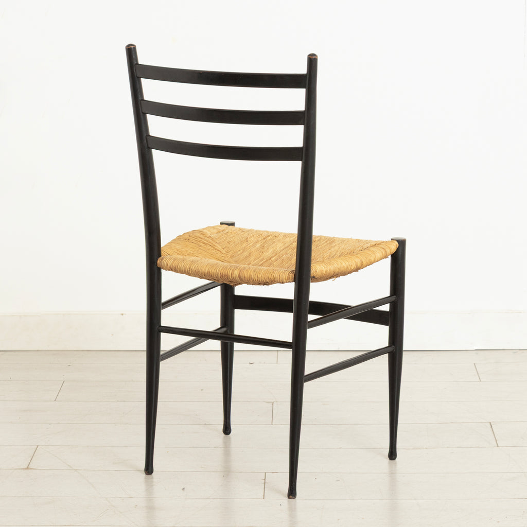 Pair of Midcentury Italian Ebonised Ladder-back Chairs with Rush Seats in the style of Gio Ponti c.1965