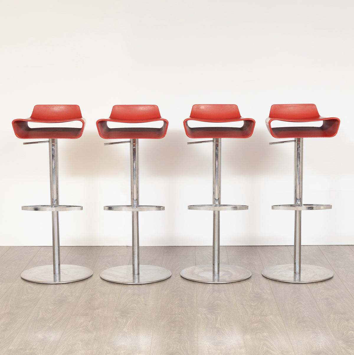 Set of 4 Italian Bar Stools in Red Vinyl & Polished Chrome by Arter & Citton for Ciacci Kreaty