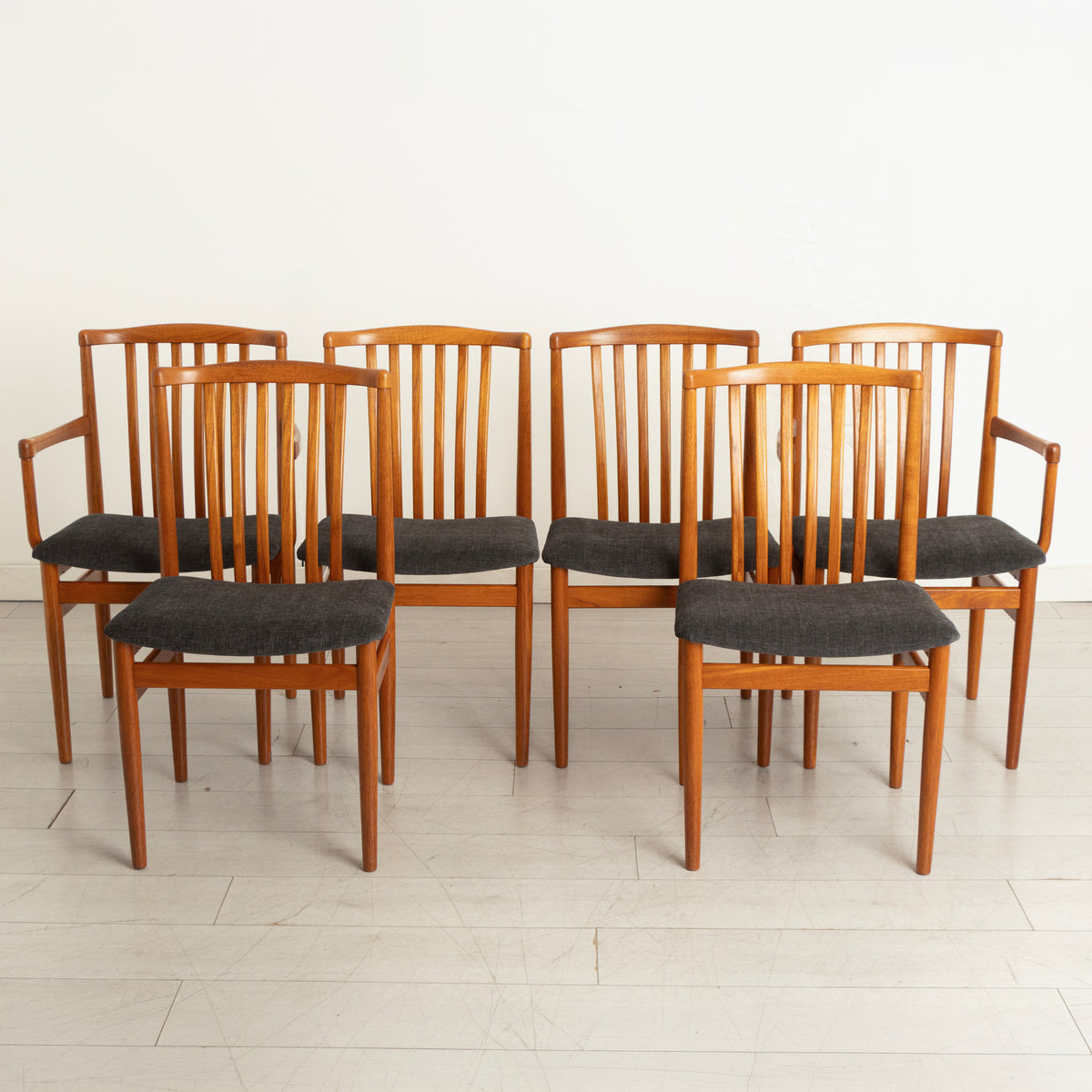 Set of 6 Midcentury Danish Teak Dining Chairs c.1965, Newly Reupholstered in Slate Grey Fabric