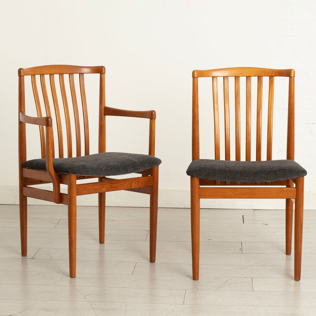 Set of 6 Midcentury Danish Teak Dining Chairs c.1965, Newly Reupholstered in Slate Grey Fabric