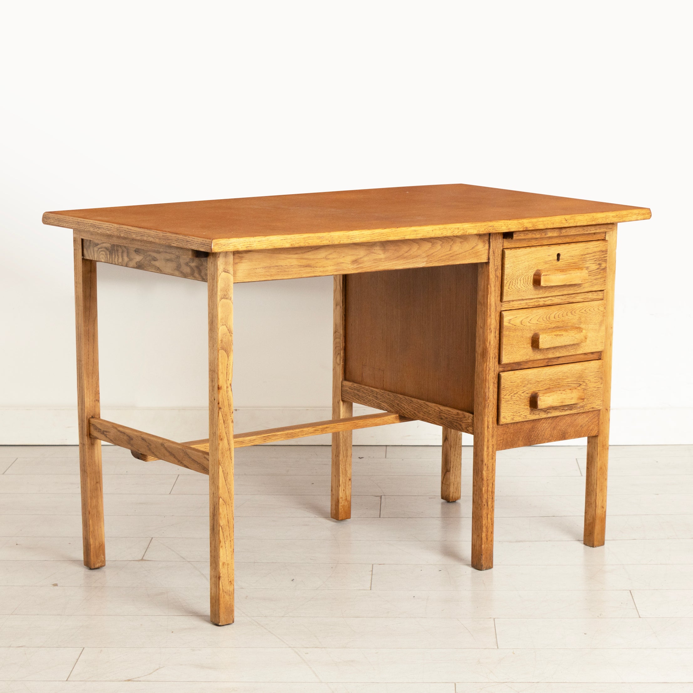 Vintage Midcentury Oak Kneehole Desk with 3 Drawers c.1960s