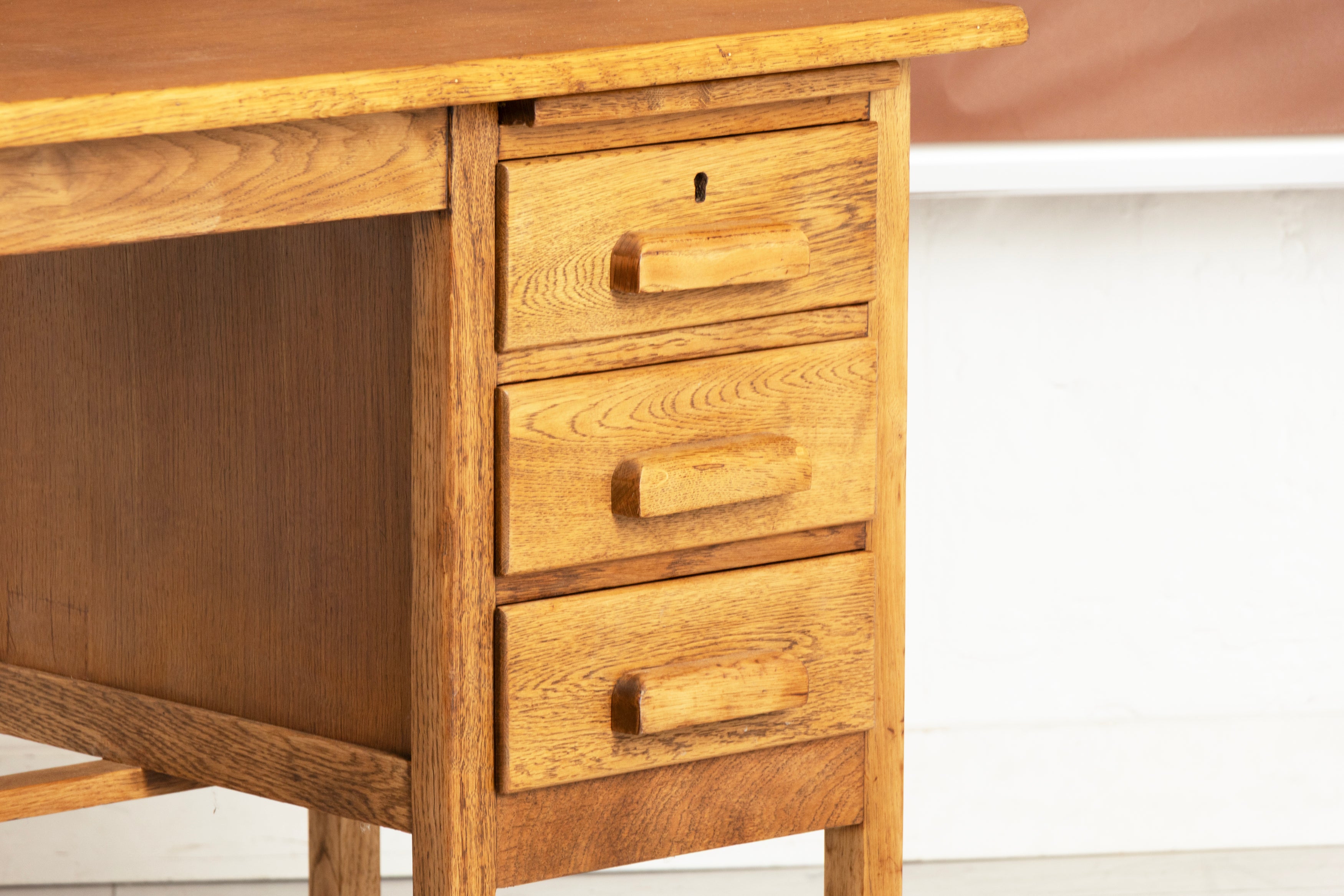 Vintage Midcentury Oak Kneehole Desk with 3 Drawers c.1960s