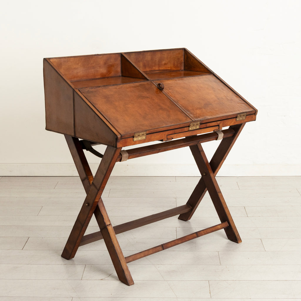 Vintage Campaign Writing Desk in Patinated Cognac Leather & Brass