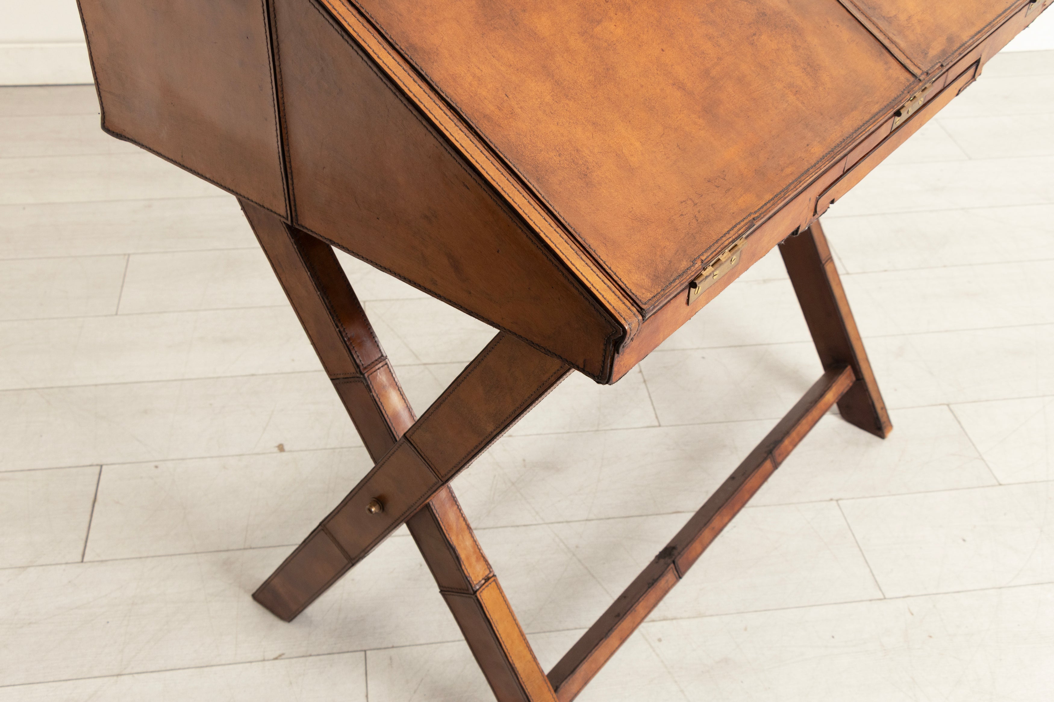 Vintage Campaign Writing Desk in Patinated Cognac Leather & Brass