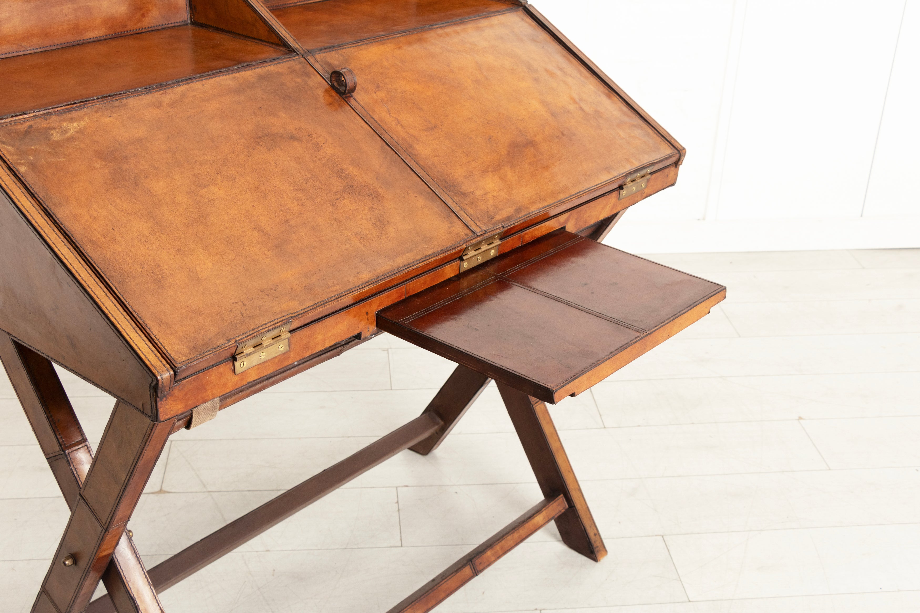 Vintage Campaign Writing Desk in Patinated Cognac Leather & Brass