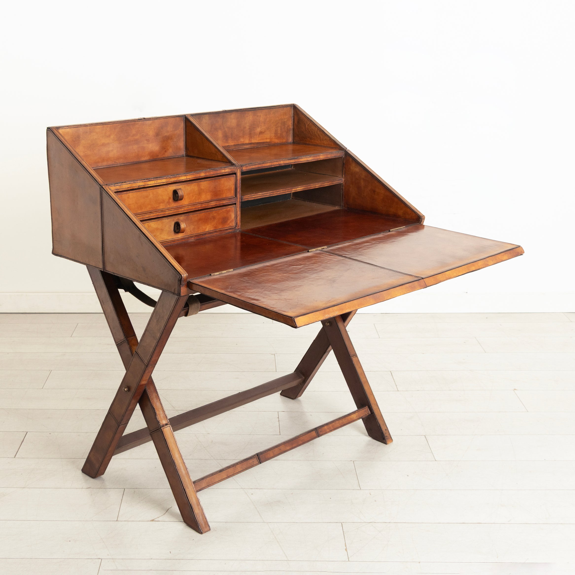 Vintage Campaign Writing Desk in Patinated Cognac Leather & Brass