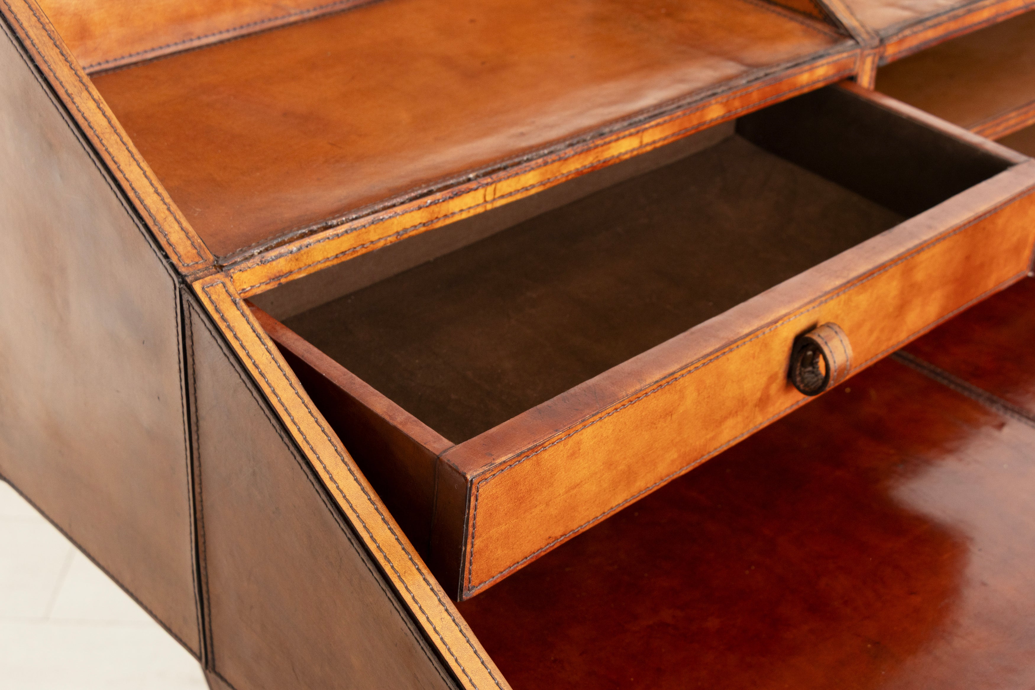 Vintage Campaign Writing Desk in Patinated Cognac Leather & Brass