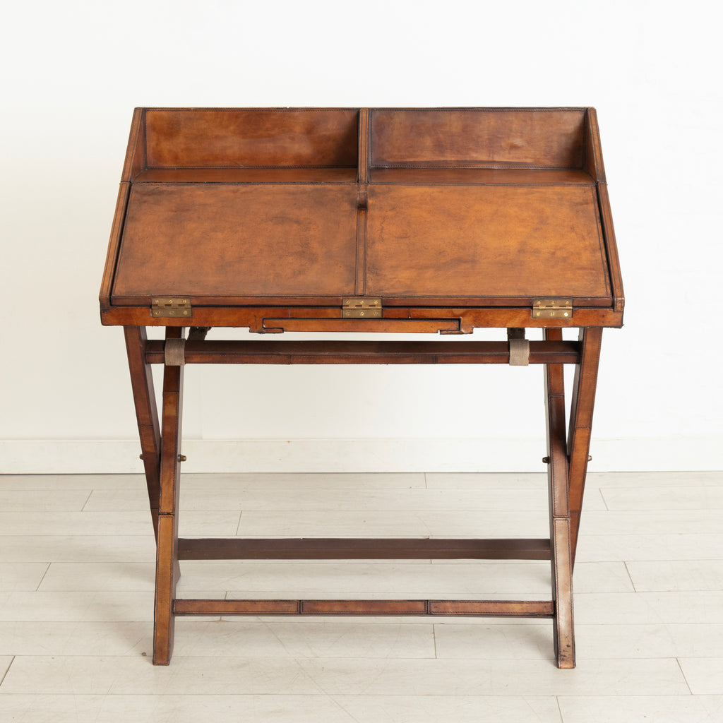 Vintage Campaign Writing Desk in Patinated Cognac Leather & Brass