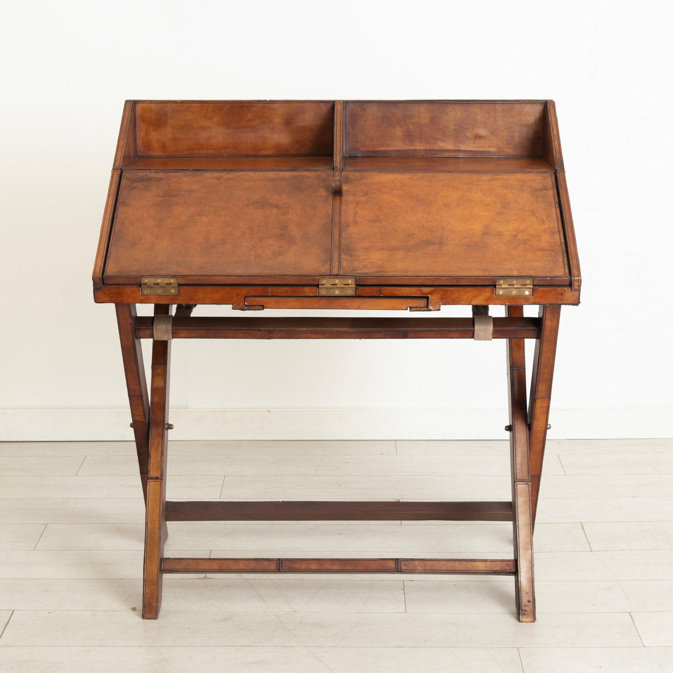 Vintage Campaign Writing Desk in Patinated Cognac Leather & Brass