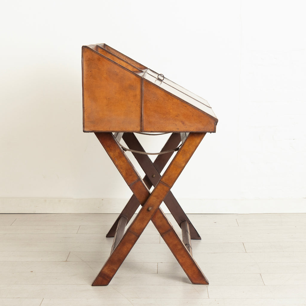 Vintage Campaign Writing Desk in Patinated Cognac Leather & Brass