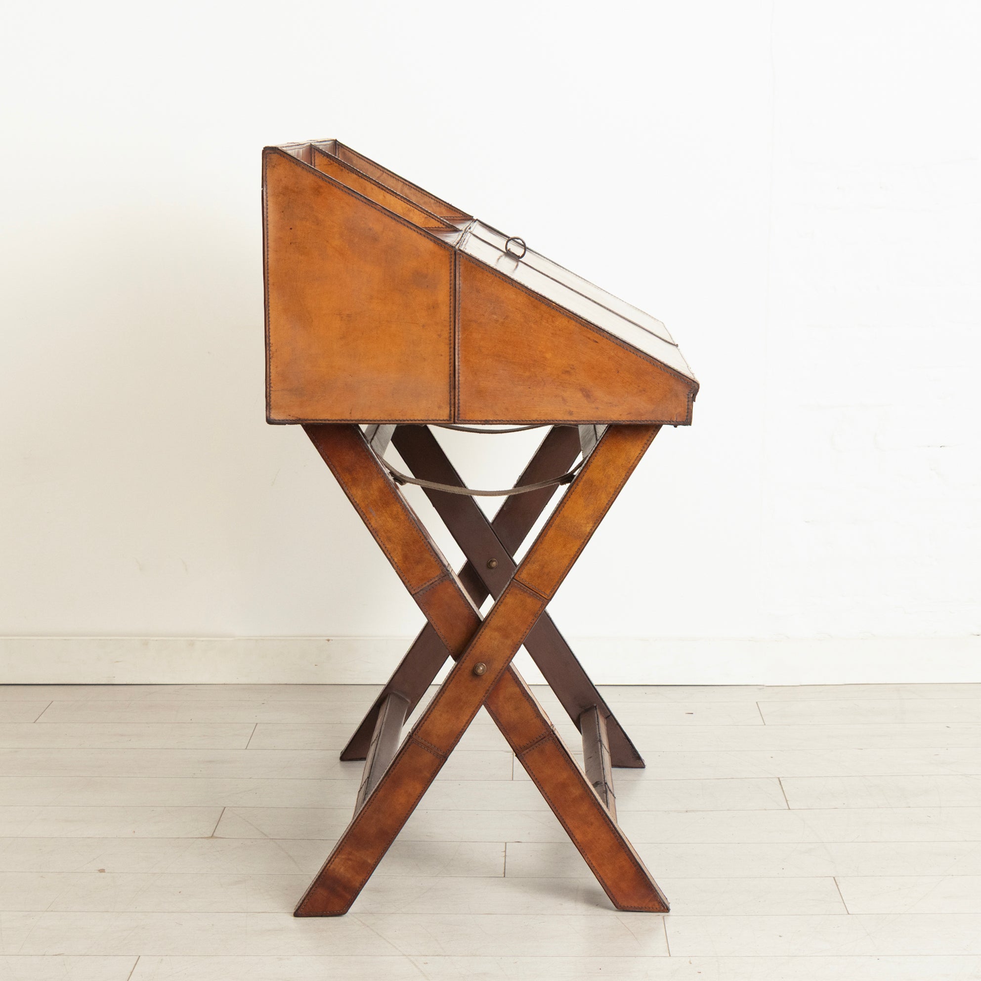 Vintage Campaign Writing Desk in Patinated Cognac Leather & Brass