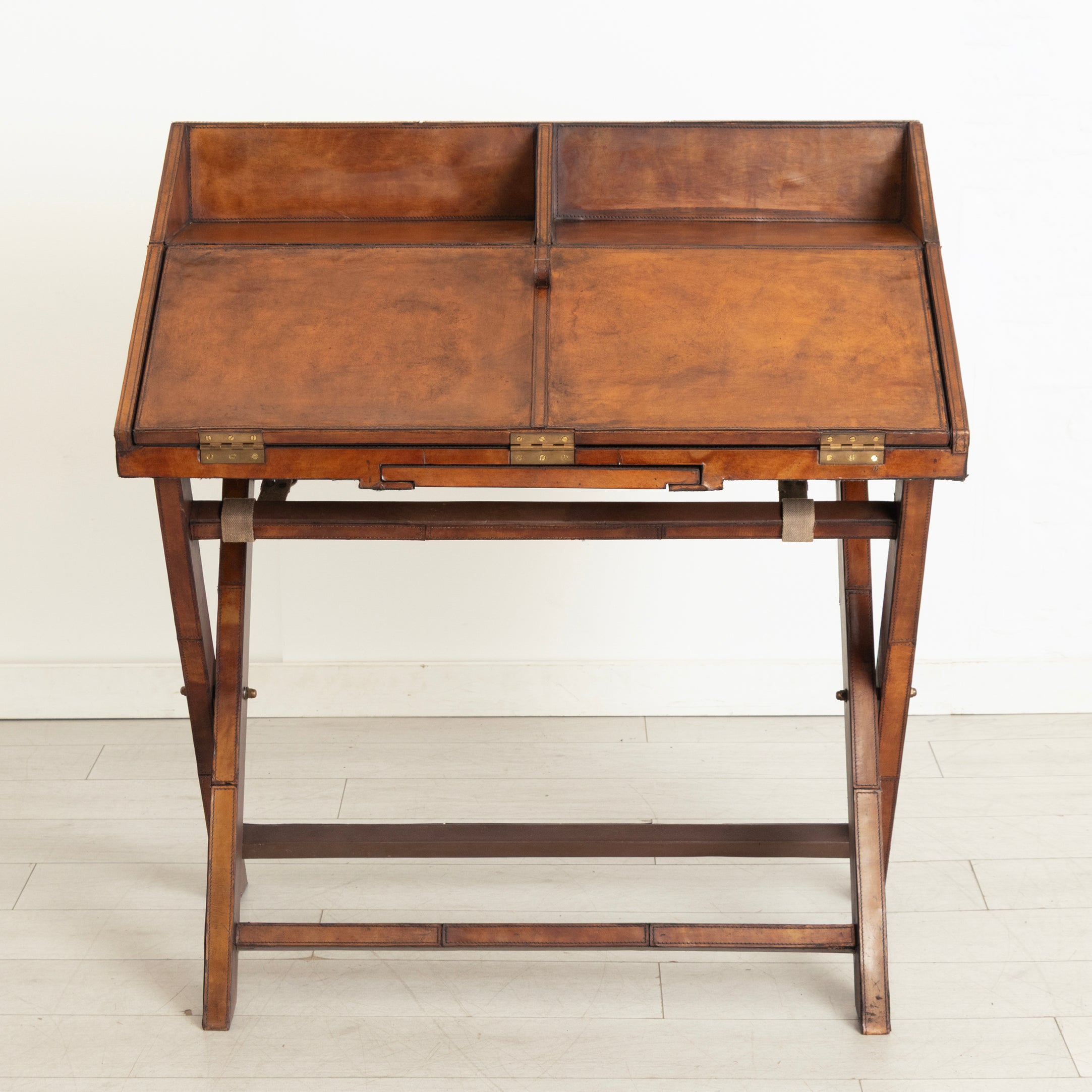 Vintage Campaign Writing Desk in Patinated Cognac Leather & Brass